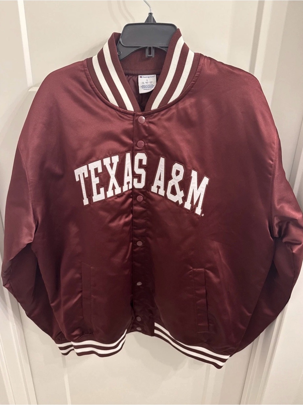 Mens Texas A&M Champion Brand Maroon Satin Bomber Jacket Size Large NWT